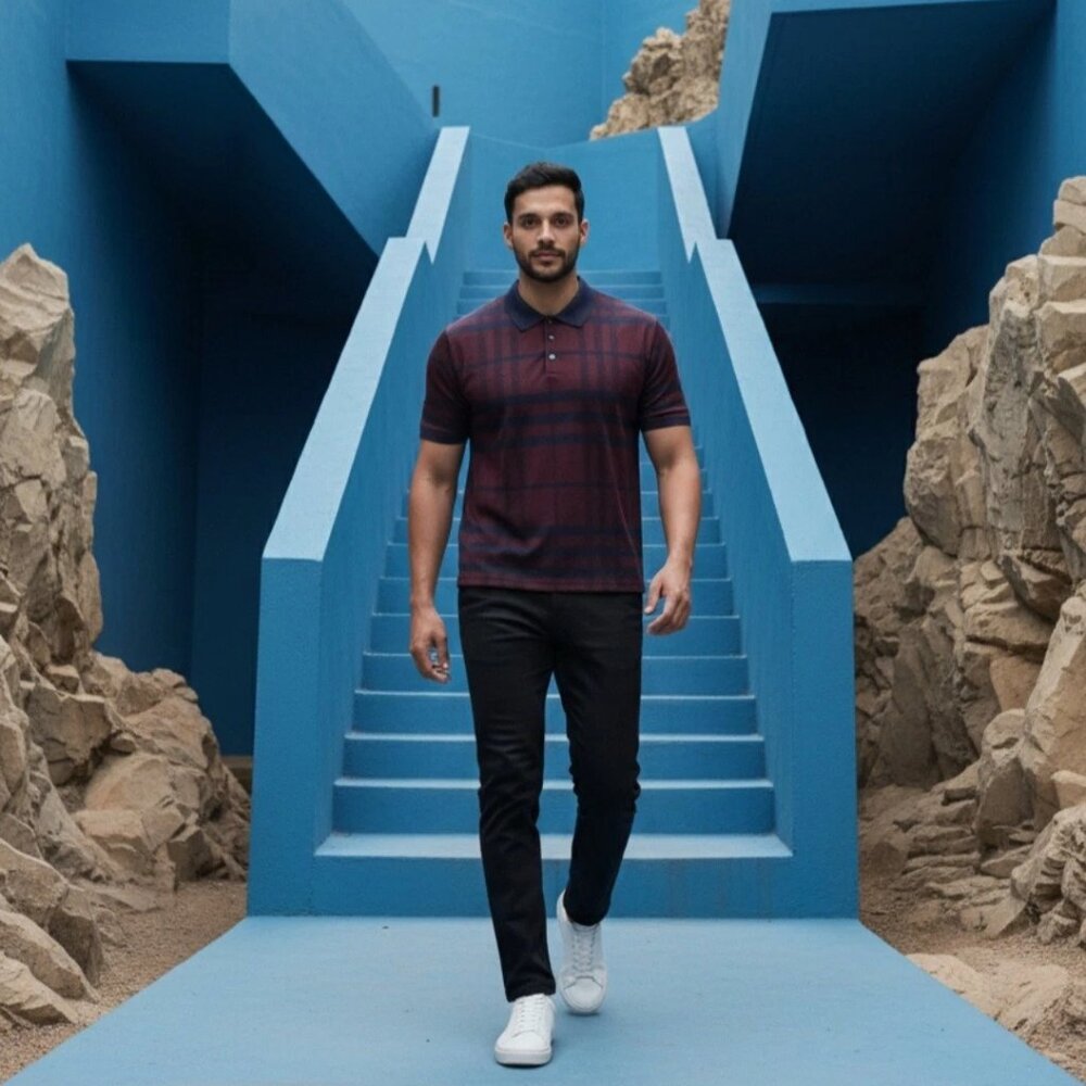 Burberry Men Polo T Shirt MaroonBlue Plaid Short Sleeve Tee Size XL Authentic
